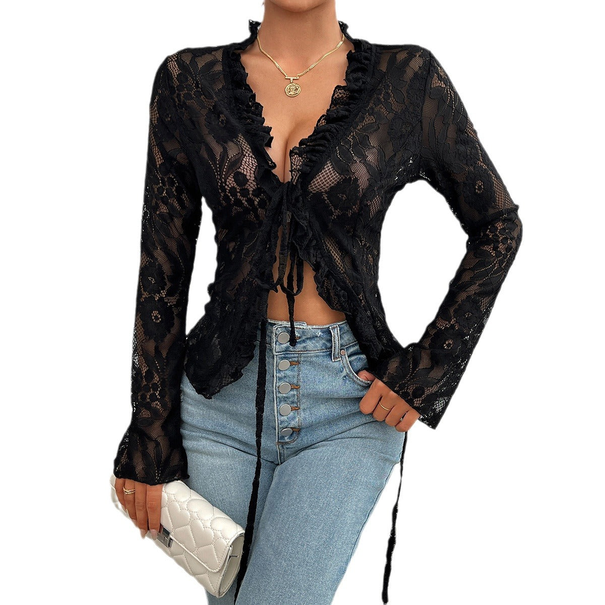Damen Spitzenbluse mit Rüschendetails und tailliertem Schnitt R&B