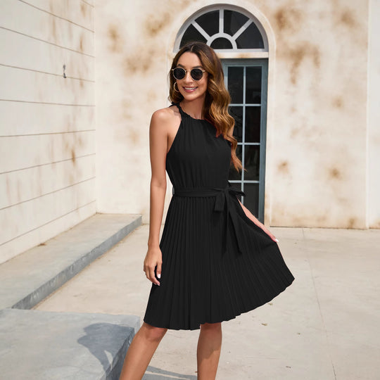 Damen Plissiertes Sommerkleid mit tailliertem Gürtel und Halterneck R&B