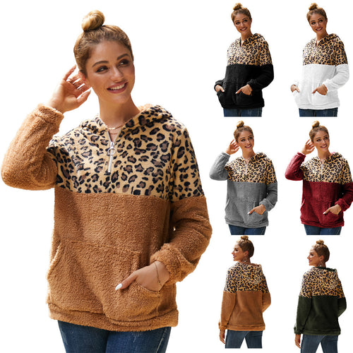 Damen kuscheliger Kapuzenpullover mit aufregendem Leopardenmuster und Kängurutasche R&B