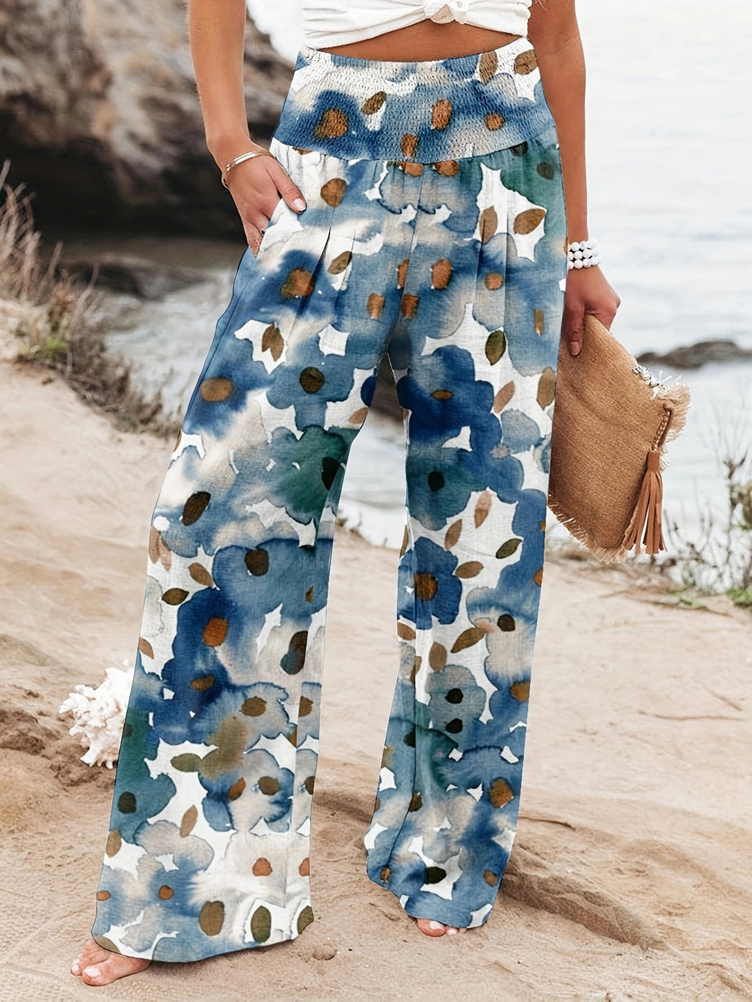 Damen Weit geschnittene Strandhose mit floralem Motiven und elastischem Bund R&B