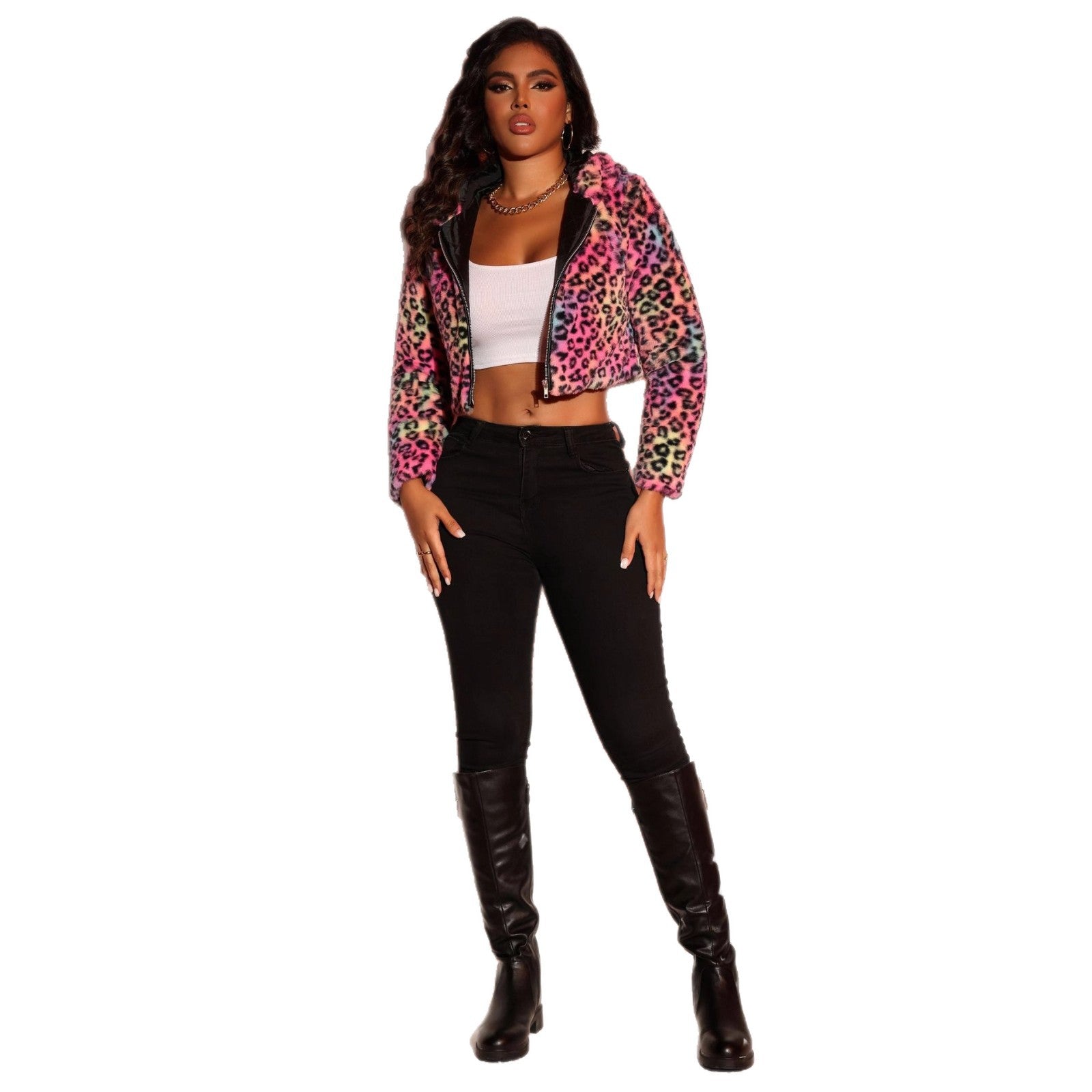 Damen Modische kurz geschnittene Kunstfelljacke mit buntem Leopardenmuster R&B