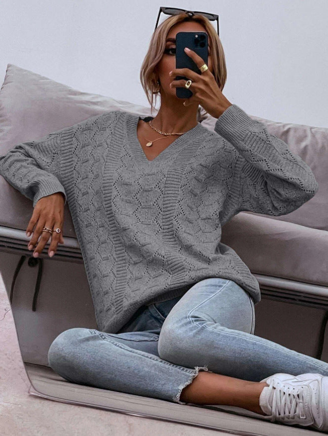 Damen Strickpullover mit V-Ausschnitt und lockerer Passform R&B