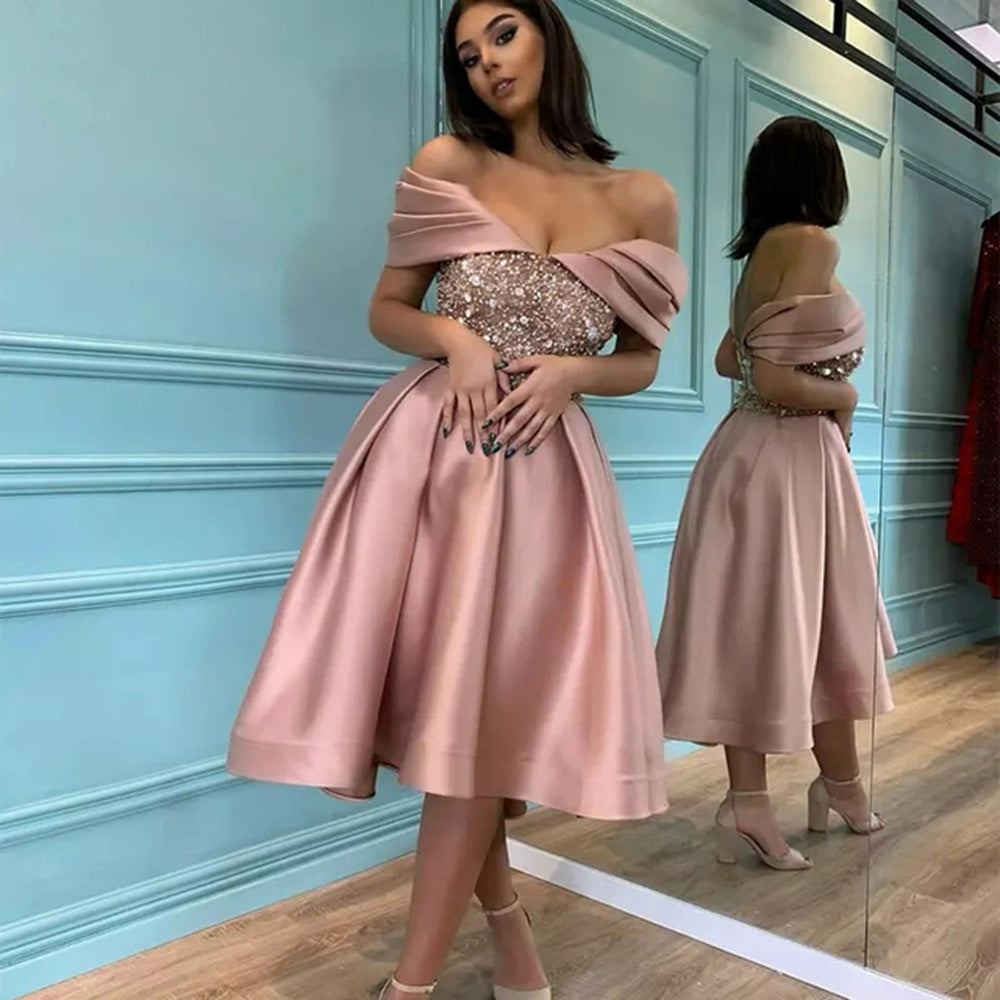Damen Glamouröses Abendkleid mit schimmerndem Oberteil und Flügelärmeln R&B