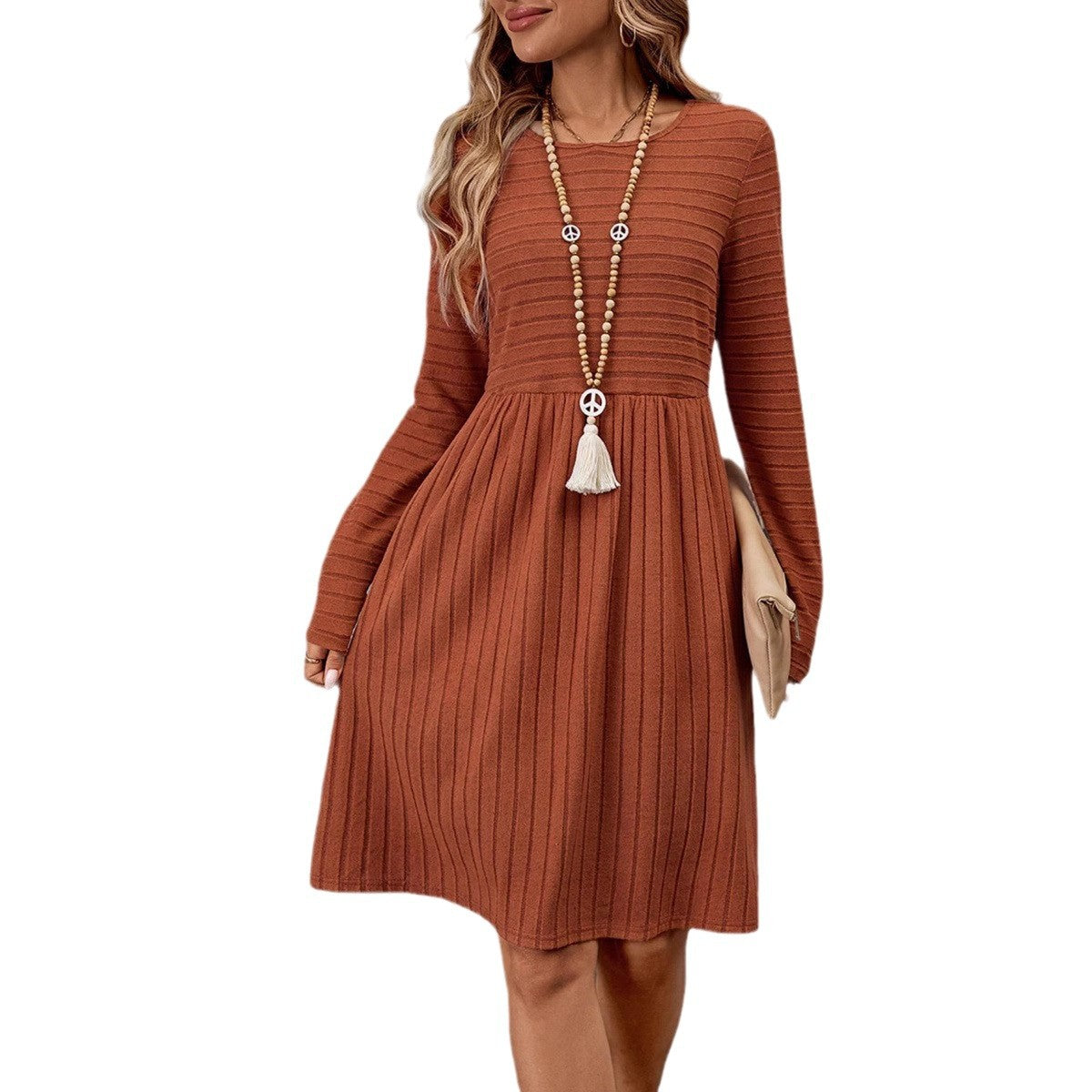 Damen Strickkleid mit Langen Ärmeln und Schmeichelndem Taillenschnitt R&B