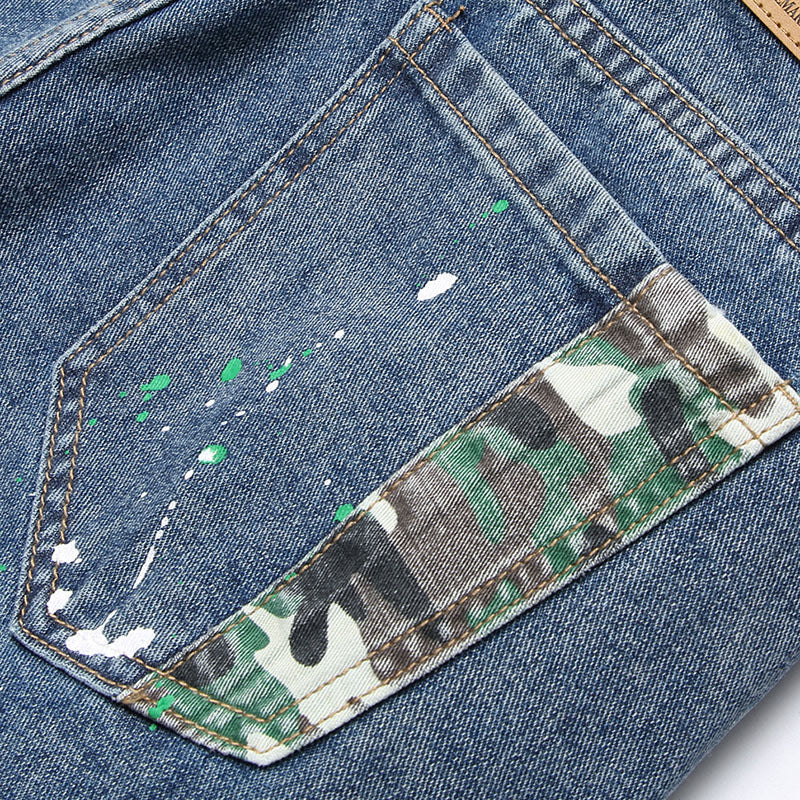 Herren Ripped Denim-Jeans mit kreativen Farbklecksen und lässigem Schnitt R&B