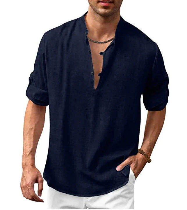 Herren lässiges Leinenhemd mit kurzes Arm und Knopfdetail R&B
