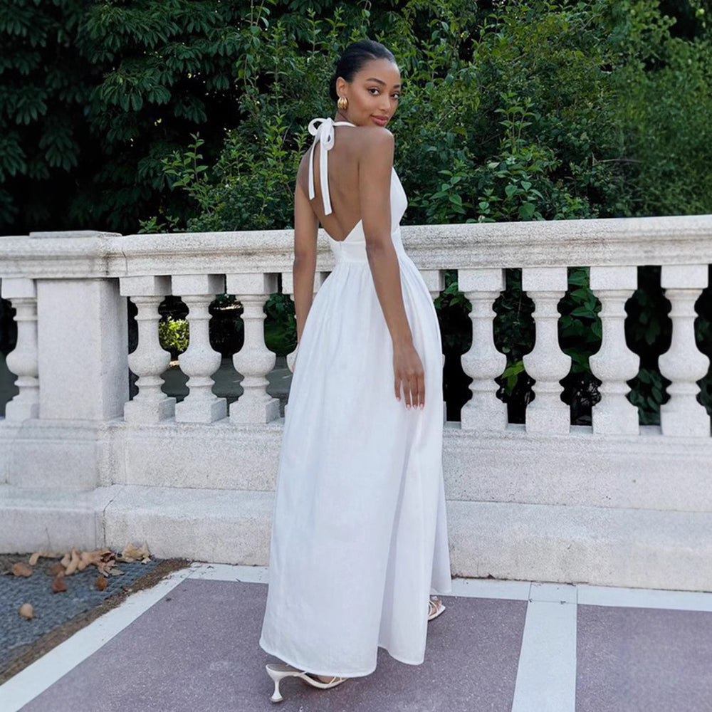 Damen Elegantes Maxikleid mit Halterneck-Design und fließendem Rock R&B
