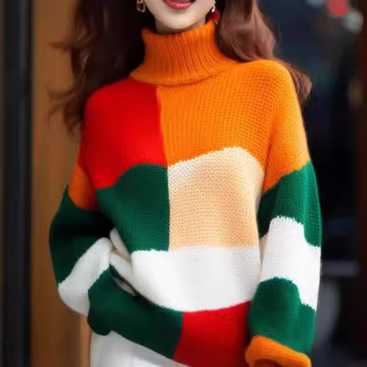 Damen Grobstrickpullover mit hohem Kragen und buntem Farbblockdesign R&B