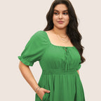 Damen Midi-Kleid mit Puffärmeln und elastischem Taillenbund R&B