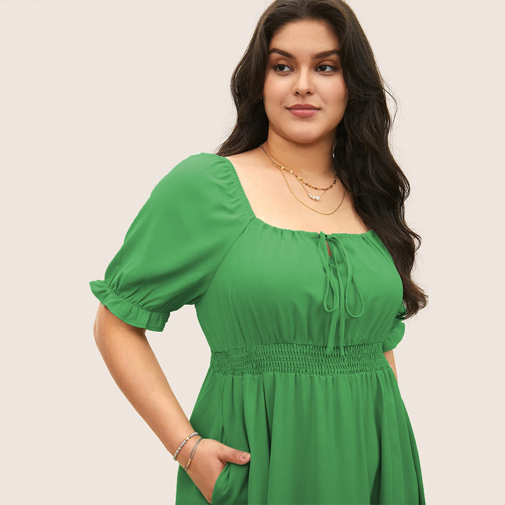 Damen Midi-Kleid mit Puffärmeln und elastischem Taillenbund R&B