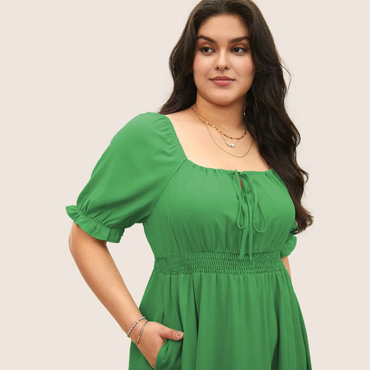 Damen Midi-Kleid mit Puffärmeln und elastischem Taillenbund R&B