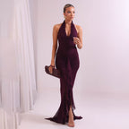 Damen Maxikleid mit tiefem V-Ausschnitt und elegantem Rüschendesign R&B