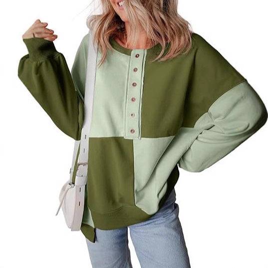 Damen lässiger Kapuzenpullover mit Knopfdetails und Farbblockdesign R&B