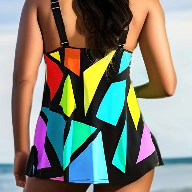 Damen Schwimmdress mit geometrischem Muster und verstellbaren Trägern R&B