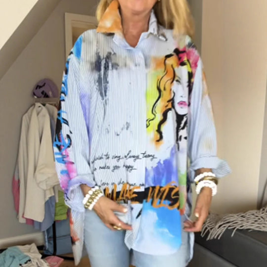 Damen nan kunstvoll bedruckte weit geschnittene Hemdbluse mit Popartmotiv und Nadelstreifen R&B
