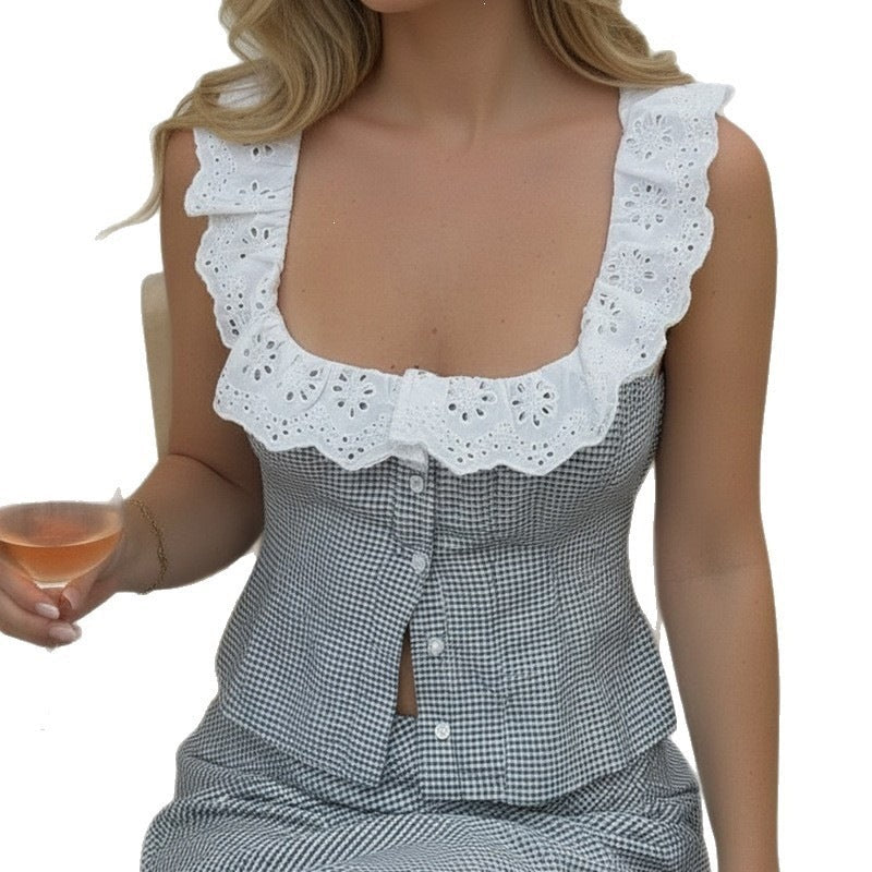 Damen Rüschenoberteil mit auffälligem Kragen und Knopfdetails R&B