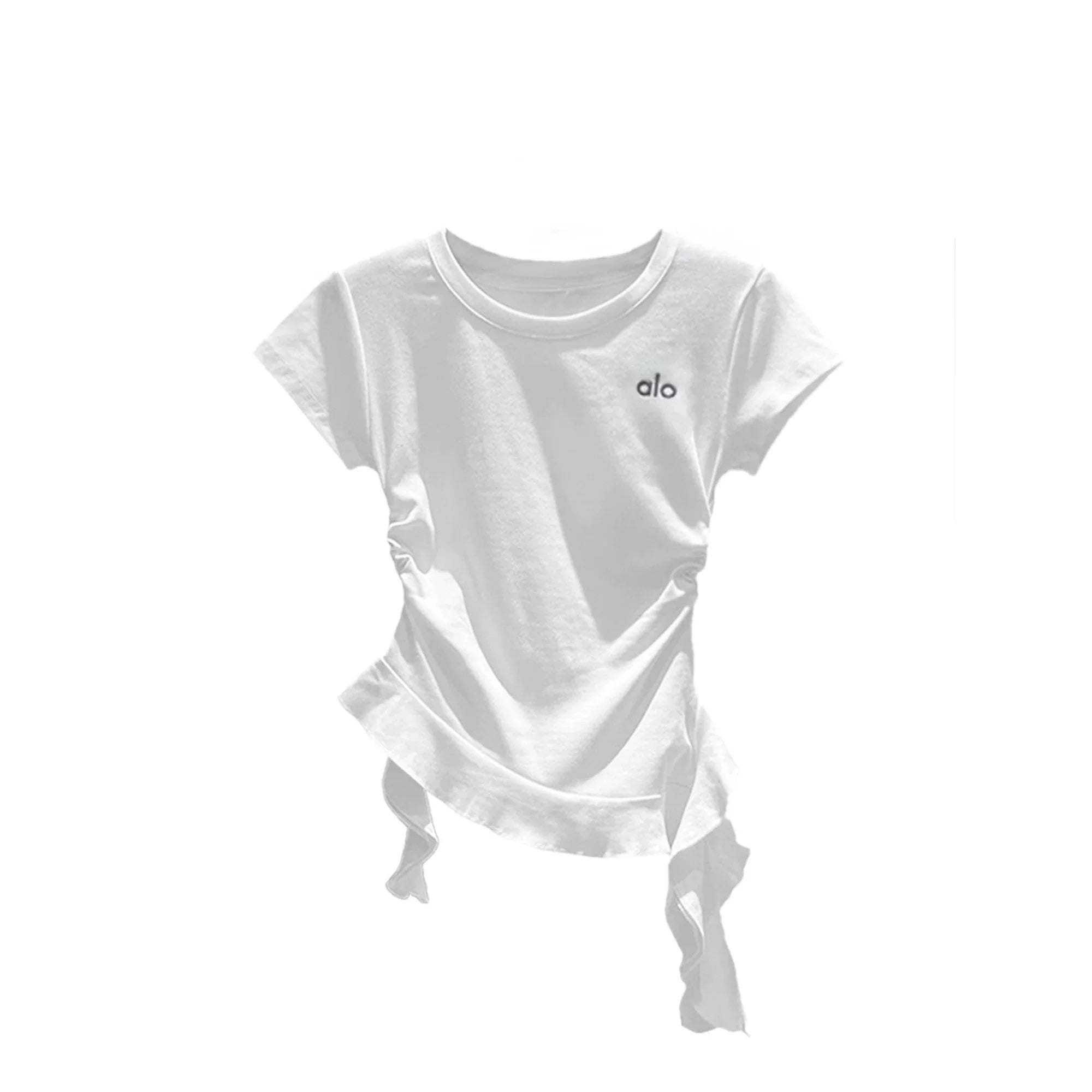 Damen nan kurzärmeliges Baumwoll-T-Shirt mit seitlicher Knotenraffung und Logostickerei R&B
