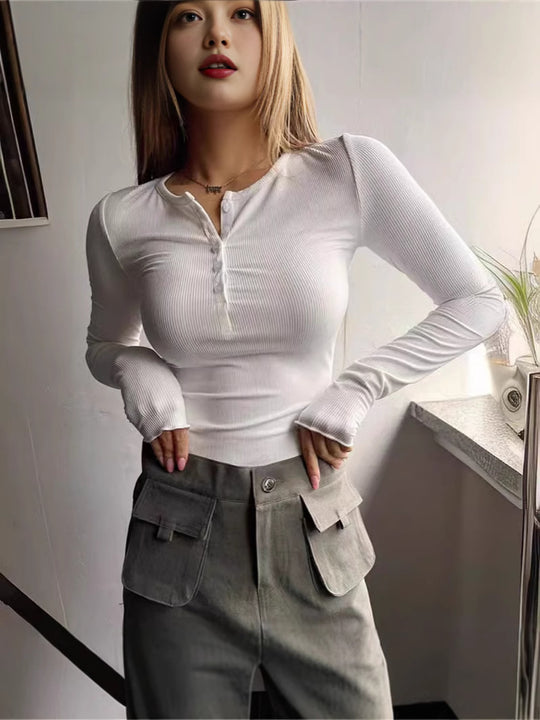 Damen Langarmshirt mit eleganter Knopfleiste R&B