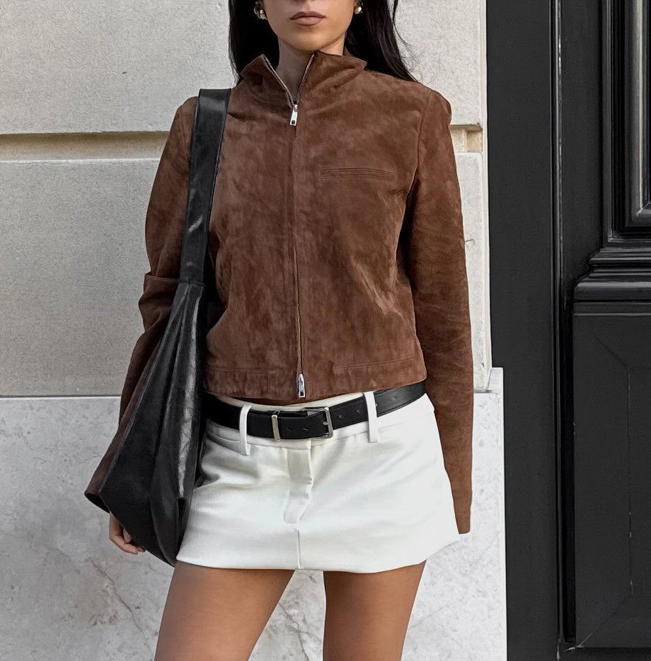 Damen Kurzjacke im modernen Wildleder-Look mit hohem Kragen R&B