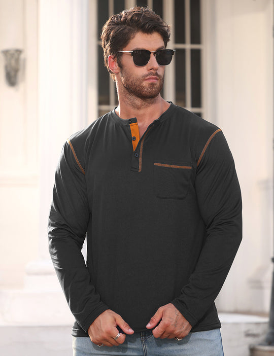 Herren nan Langarmshirt mit kurzer Knopfleiste Brusttasche und kontrastierenden Ziernähten R&B