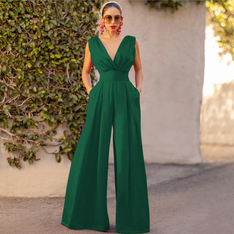 Damen Jumpsuit mit tiefem V-Ausschnitt und weit geschnittenem Bein R&B