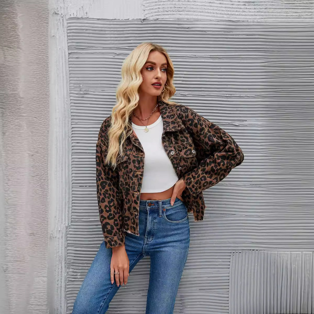 Damen Karierte Denimjacke im angesagten Leopardenmuster mit modernem Schnitt R&B