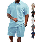 Herren nan geprägtes Waffel-Polo mit Kentkragen und elastischer Tunnelzugshorts im Set R&B