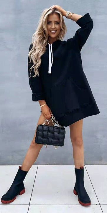 Damen lässiges Kapuzenkleid mit praktischen Eingrifftaschen und seitlichen Schlitzen R&B