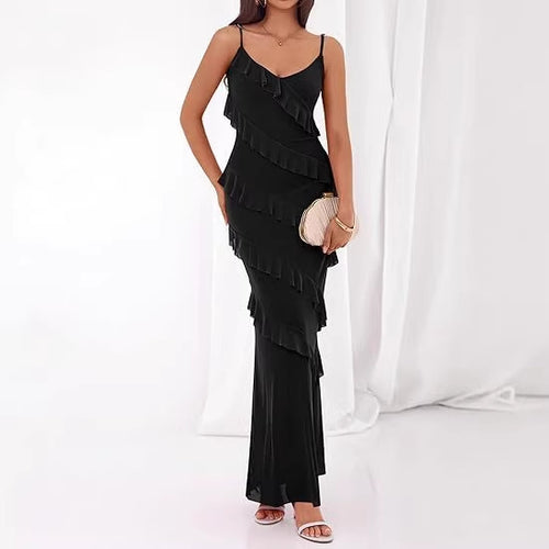 Damen Maxikleid mit Rüschen und Spaghettiträgern R&B