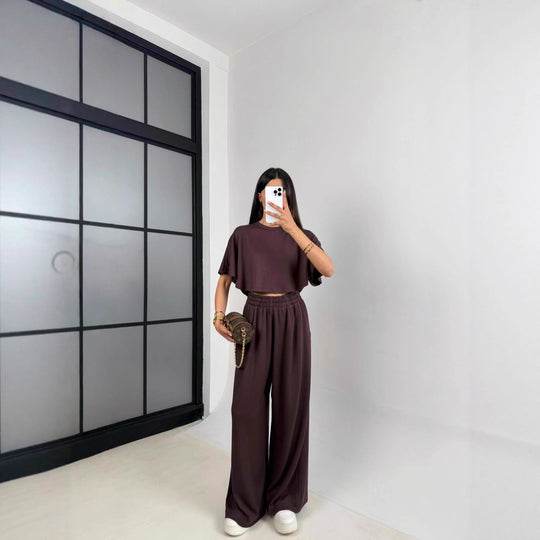 Damen Lässiges Freizeit-Set mit cropped Oberteil und weiten Hosen R&B