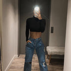 Damen Hochwertiges langärmliges Crop-Top mit Stehkragen R&B