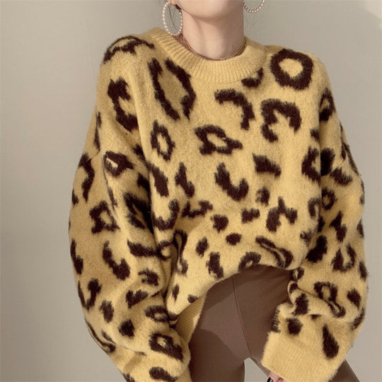 Damen Flauschiger Leopardenmuster Pullover R&B
