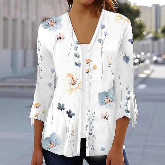 Damen nan leichte Chiffonbluse mit Aquarellblumenprint, V‑Ausschnitt, Knopfleiste und dreiviertelärmeln R&B
