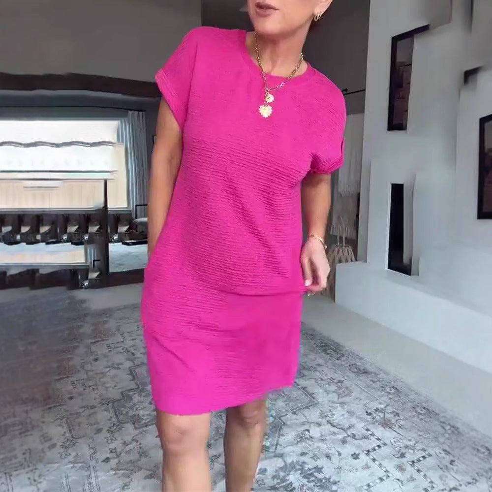 Damen lässiges Kurzarmkleid mit praktischen Seitentaschen und strukturiertem Design Heidi-Mode