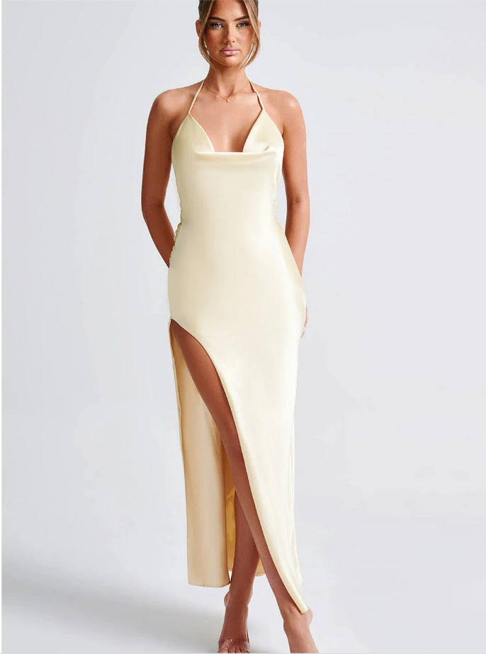 Damen Satin-Maxikleid mit tiefem Schlitz und Halterneck R&B