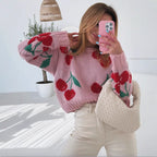Damen lässiger Pullover mit fruchtigem Kirschmuster und weichem Strick