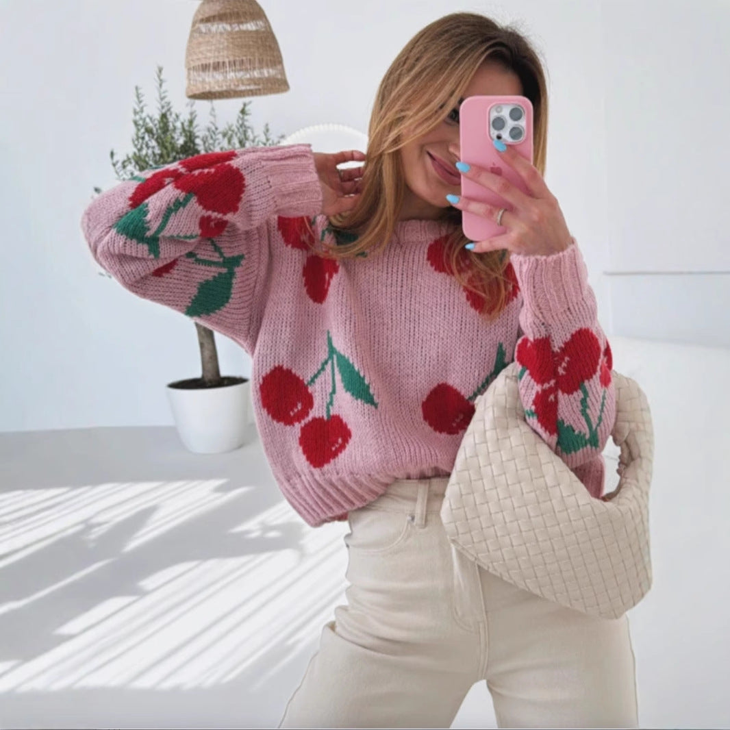 Damen lässiger Pullover mit fruchtigem Kirschmuster und weichem Strick