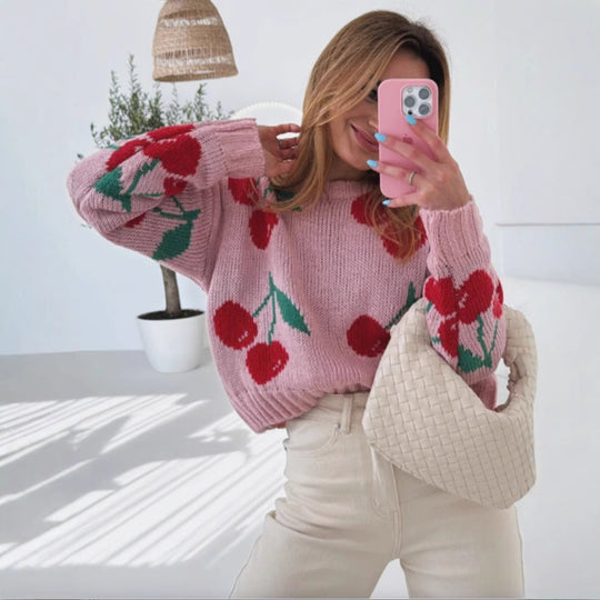 Damen lässiger Pullover mit fruchtigem Kirschmuster und weichem Strick R&B