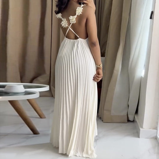 Damen Elegantes Maxikleid mit lässigem Faltenwurf und dekorativen Schulterblüten R&B