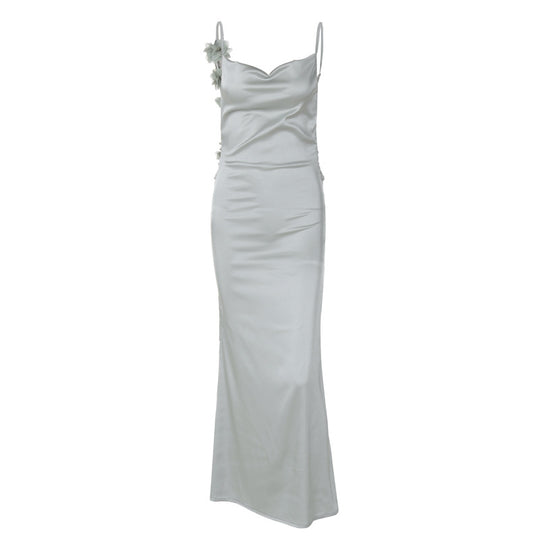 Damen Satin Maxikleid mit zarten Trägern und eleganter Drapierung R&B