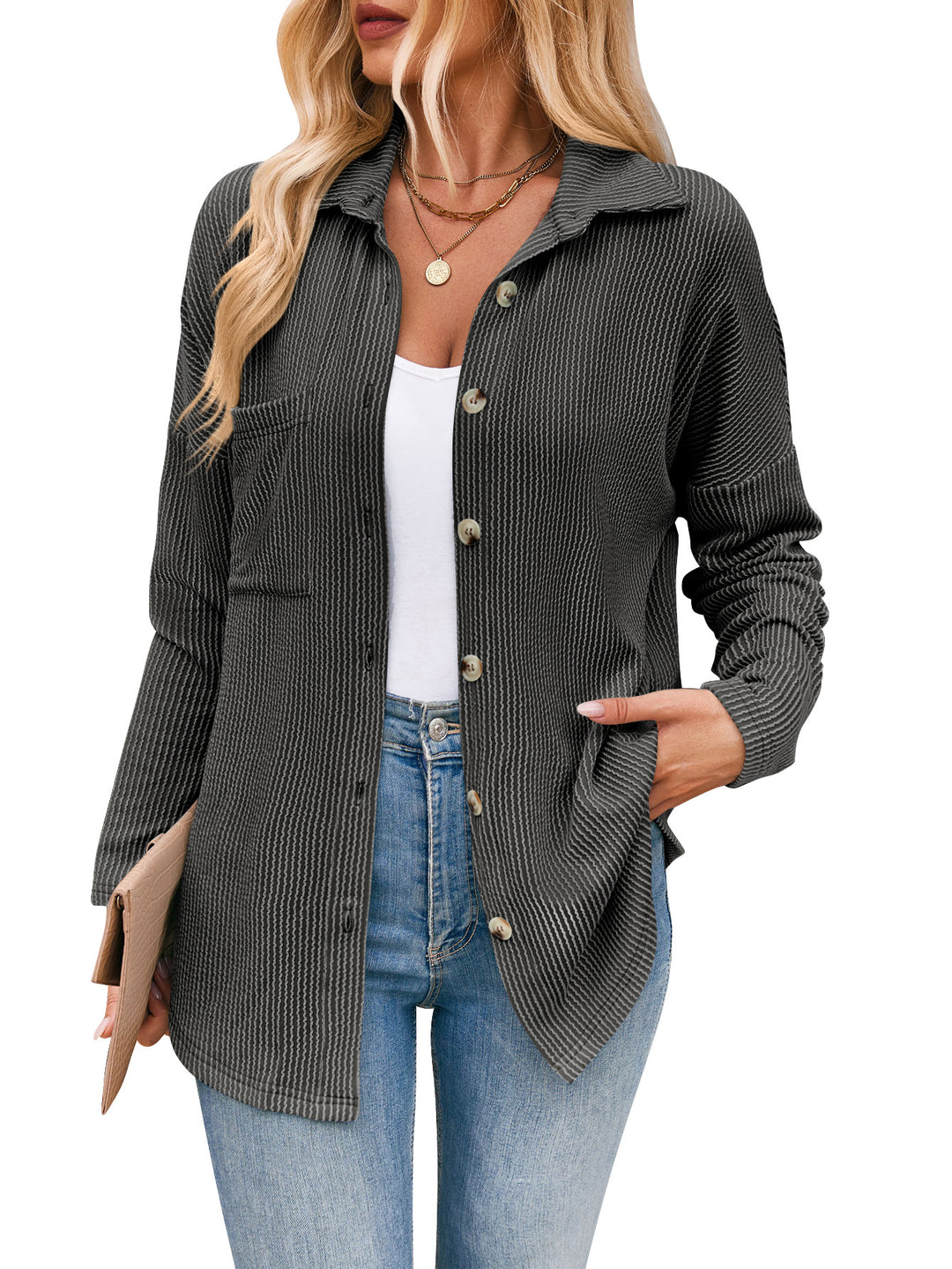 Damen lässige Strickjacke mit Knopfleiste R&B