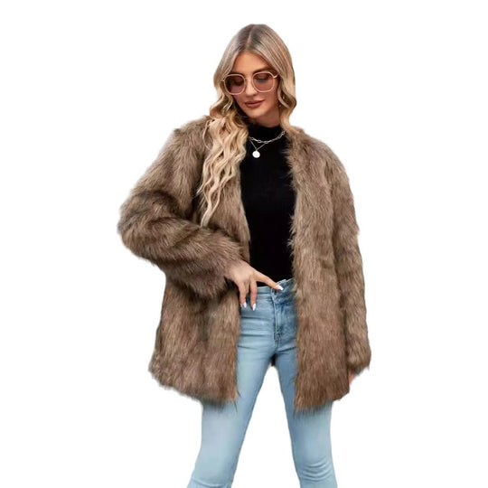 Damen Luxe Kunstfelljacke mit offenem Kragen R&B