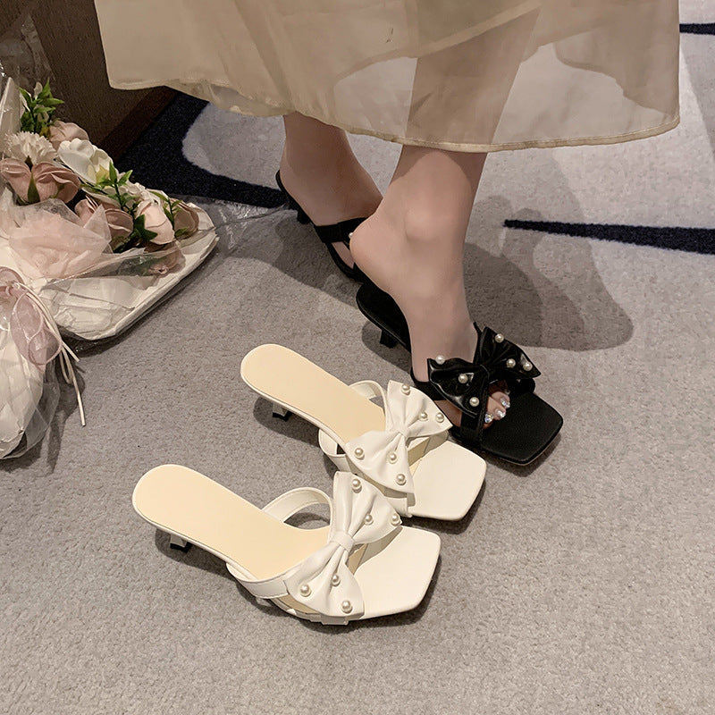 Damen Elegante Mules mit dekorativen Schleifen und Perlenverzierung R&B