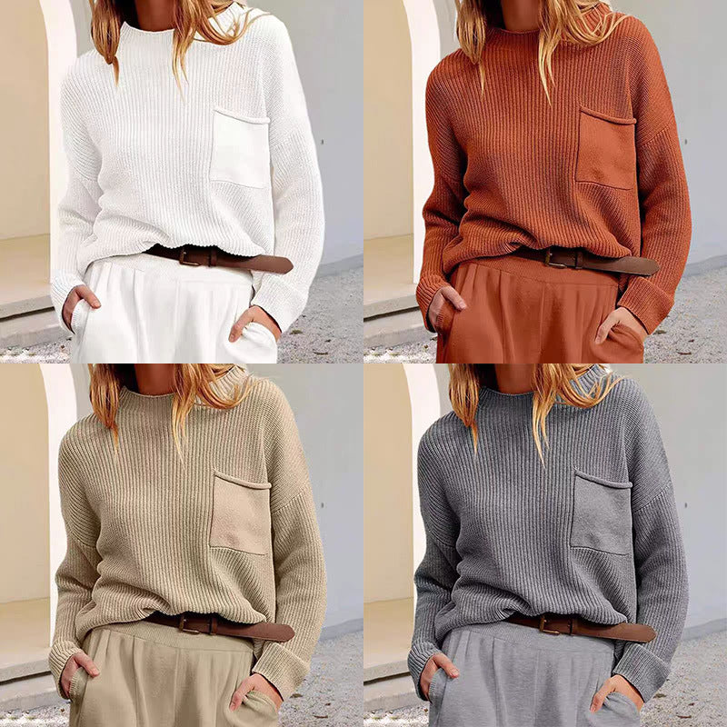 Damen Strickpullover mit glänzender Struktur und praktischer Brusttasche R&B
