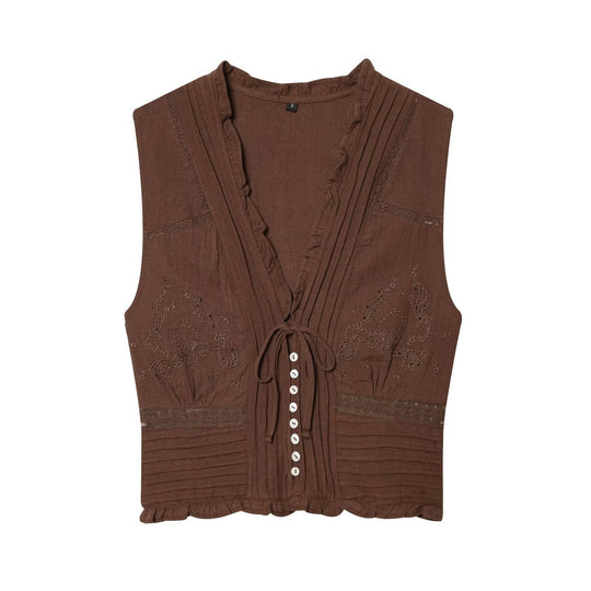 Damen ärmelloses Blusenshirt mit Stickereien und zarten Rüschen R&B