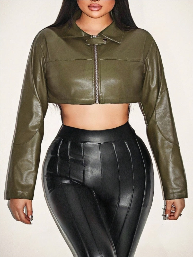 Damen cropped Kunstlederjacke mit innovativem Reißverschluss R&B