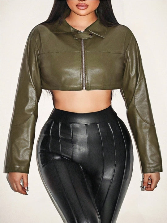 Damen cropped Kunstlederjacke mit innovativem Reißverschluss R&B