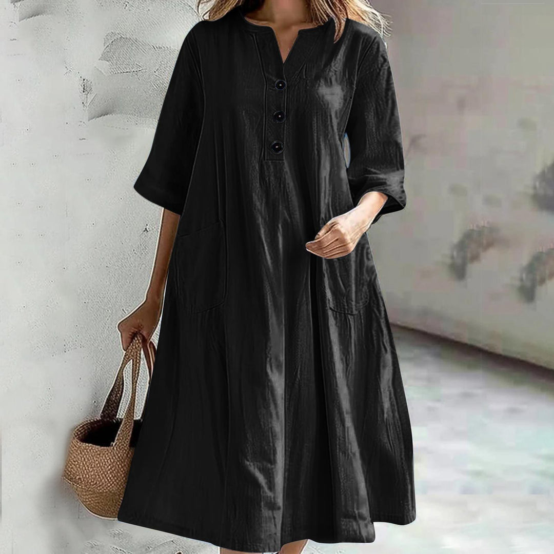 Damen lässiges Baumwollkleid mit Knopfleiste und praktischen Taschen R&B