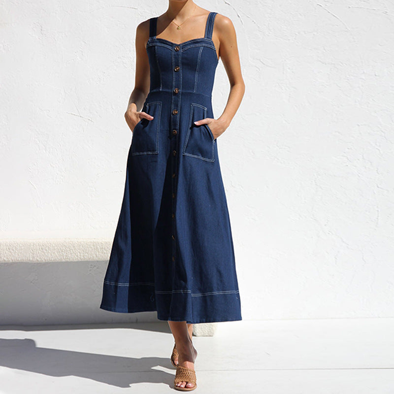Damen langes Jeanskleid mit Knopfleiste und praktischen Taschen R&B