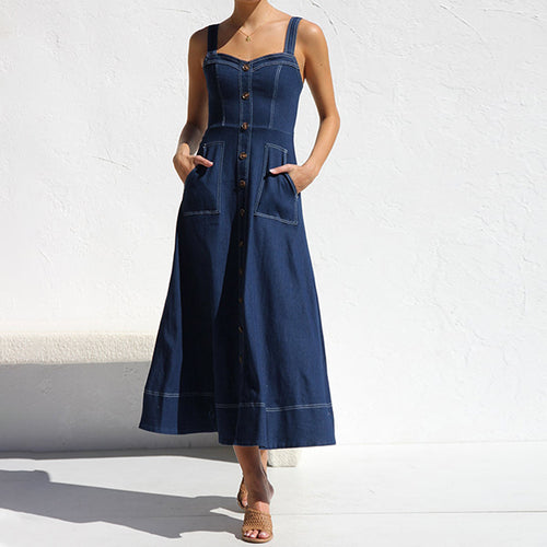 Damen langes Jeanskleid mit Knopfleiste und praktischen Taschen R&B